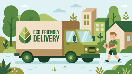 Obraz premium Flat design illustration of a delivery truck with eco-friendly text and a man carrying a package in a green urban landscape