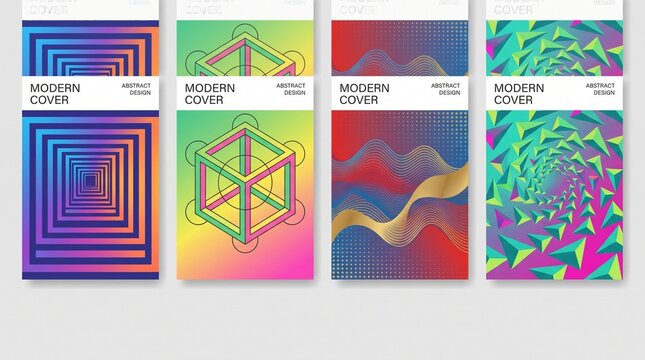Abstract gradient poster set with geometric shapes and modern digital art patterns