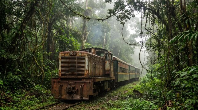 Old rusty train locomotive moving through dense tropical rainforest jungle landscape
