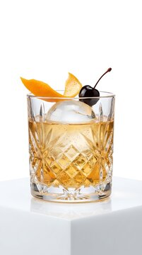 Old fashioned cocktail with ice ball, orange peel and maraschino cherry isolated on white background