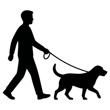 Silhouette vector illustration of a person walking their dog on a leash outdoors, depicting companionship and outdoor activity in a simple graphic design.
