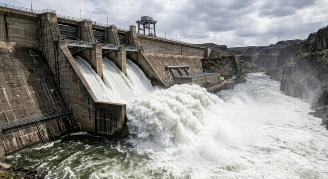 Powerful surge of water rushing through a massive concrete hydroelectric dam under a cloudy sky