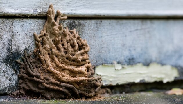 Realistic termite mud nest attached to the foundation of an old residential house.