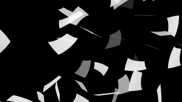 White paper falling from above overlay, black background. Blank paper sheets falling down with luma matte, paper sheets flying and explosion effect. White papers falling down on black background.