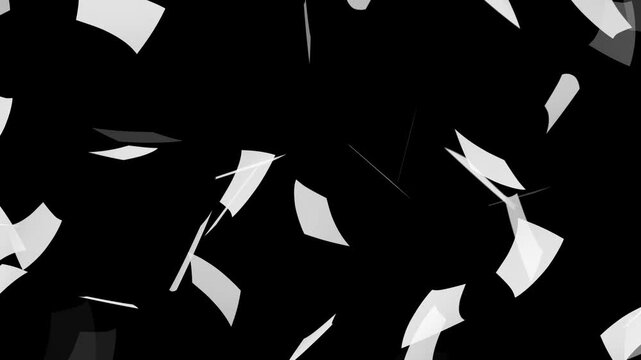 White paper falling from above overlay, black background. Blank paper sheets falling down with luma matte, paper sheets flying and explosion effect. White papers falling down on black background.