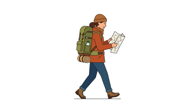 Woman hiker with backpack reading a map isolated