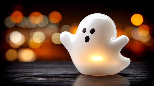 Cute glowing white ghost night light figurine on a dark surface with bokeh background