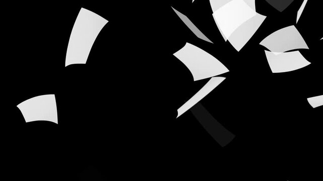 White paper falling from above overlay, black background. Blank paper sheets falling down with luma matte, paper sheets flying and explosion effect. White papers falling down on black background.