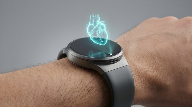 Holographic heart icon projected from a modern digital smartwatch on wrist