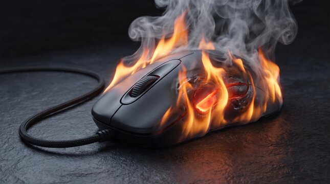 Close up of an electronic computer mouse melting in flames depicting severe technology overheating and failure.