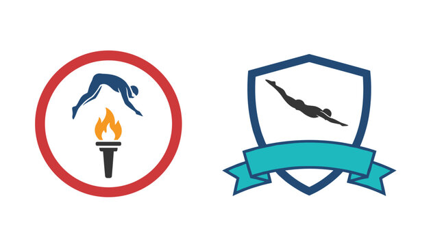 Set of two diving and swimming sports emblems featuring an athlete diving over a torch and a shield logo.