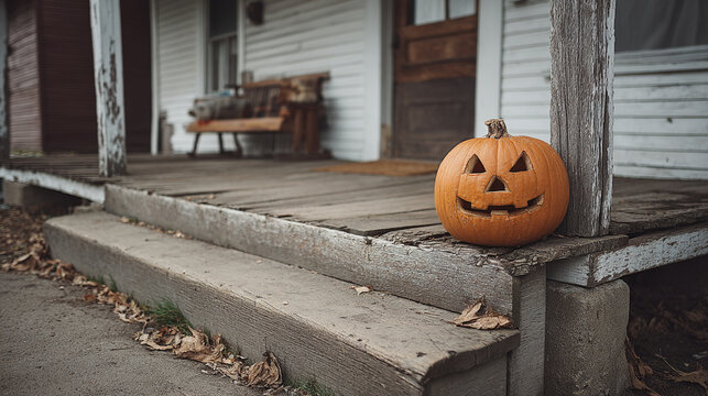 Carved halloween pumpkin placed on the wooden porch steps of an old house exterior with jack o lanter