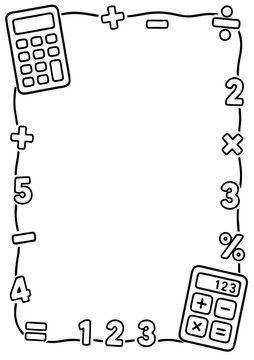 Mathematics frame border design featuring doodle style calculators and various arithmetic numbers symbols for educational school classroom worksheet templates