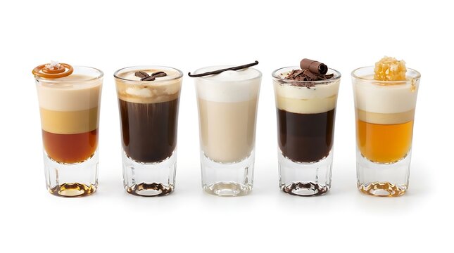 Row of five layered cocktail shots with different liqueurs and toppings, isolated on white background