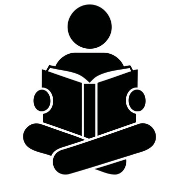 Minimalist vector graphic illustration features a stylized person sitting cross-legged, fully immersed in reading an open book, symbolizing knowledge, learning, and personal growth.