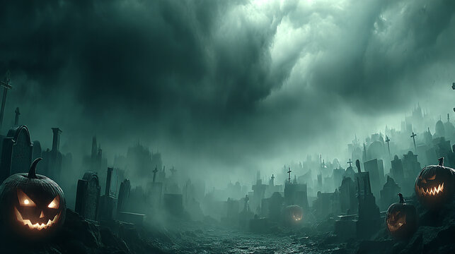 Spooky halloween landscape with glowing jack o lanterns and ominous stormy sky, jack o lantern