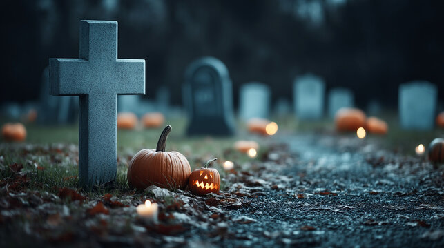 Halloween graveyard scene with stone cross tombstone and glowing jack o lanterns, jack o lantern