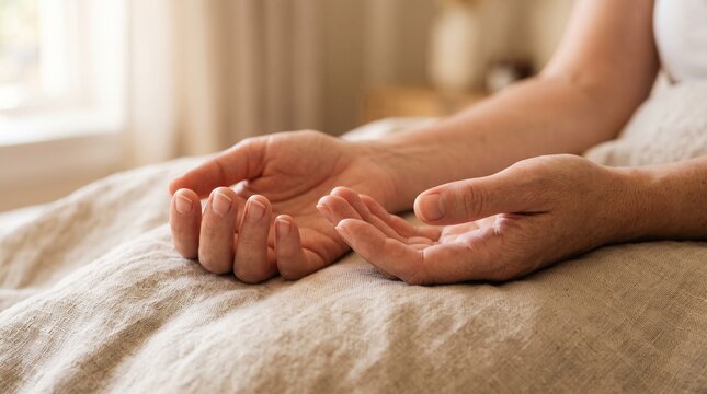 Soft human hands resting gently on woven blanket surface with warm lighting