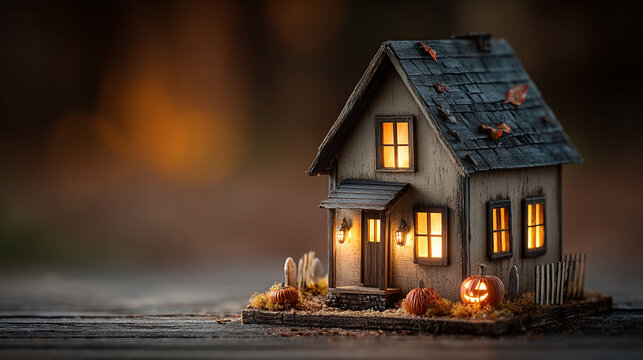 Miniature haunted house decorated with glowing pumpkins for halloween jack o lantern halloween