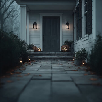 Spooky front porch of a house decorated with jack o lanterns and lanterns for halloween, jack o lante