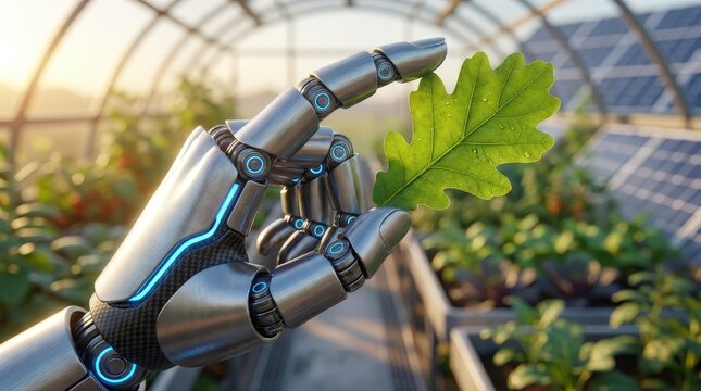 Robot Hand Touching Natural Oak Leaf