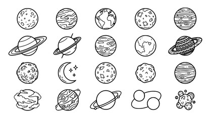 earth, saturn, galaxy, universe, astronomy, moon, hand drawn, icon, set, cosmic, orbit, outline, science, sky, celestial, outer space, ring, comet, asteroid, exploration, black, vector, illustration,  © Begum