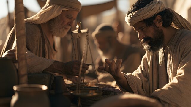 Ancient merchant weighing goods with a balance scale in a busy marketplace