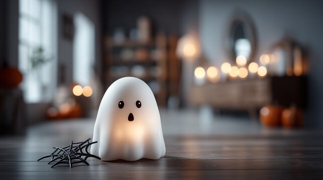 Cute glowing white ghost lamp resting on a wooden floor in a dimly lit halloween decorated room