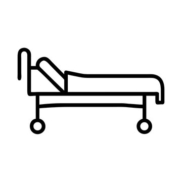 Hospital bed icon for medical patient care and clinical recovery, thin line outline symbol of furniture for nursing home infirmary