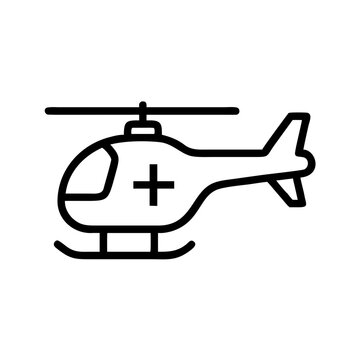 Medical helicopter icon for emergency air rescue and patient transport, thin line outline symbol of flight vehicle for hospital response