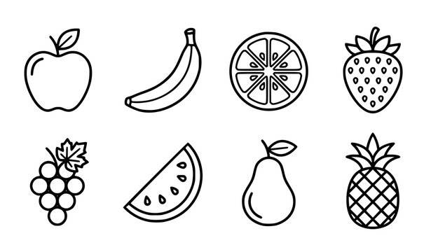Minimal black outline fruit icons apple banana orange strawberry and watermelon editable vector set