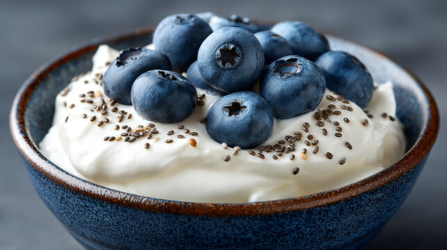 Creamy white yogurt in a ceramic bowl topped with fresh ripe blueberries and chia seeds