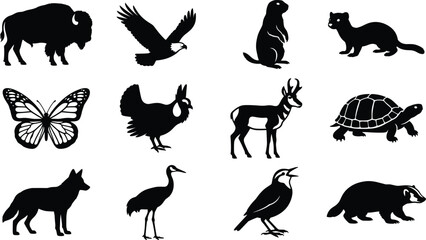 Naklejka premium North American Prairie Wildlife Silhouette Icon Collection with Bison Eagle and Pronghorn Symbols for Nature Graphic Design