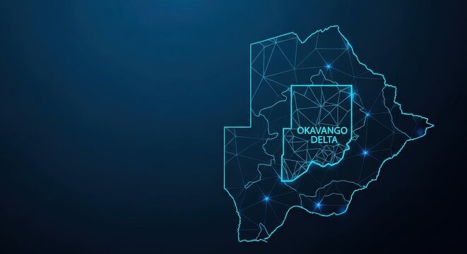 Digital map outline of Botswana featuring the Okavango Delta with a luminous network design on a dark blue background.