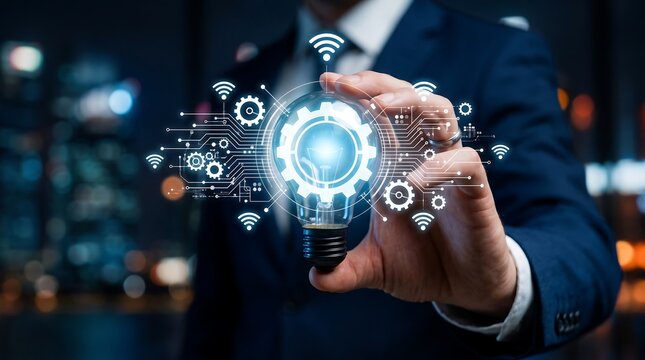 Business professional holding lightbulb with digital gear and wireless symbols representing connected industrial innovation and modern smart technology solutions in business