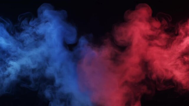 Vivid blue and red smoke drifting toward each other on a dark background, designed for cinematic transitions, presentations, advertising, websites and creative video projects.