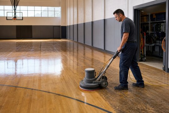 Janitor Polishing Hardwood Gym Floor with Rotary Buffer