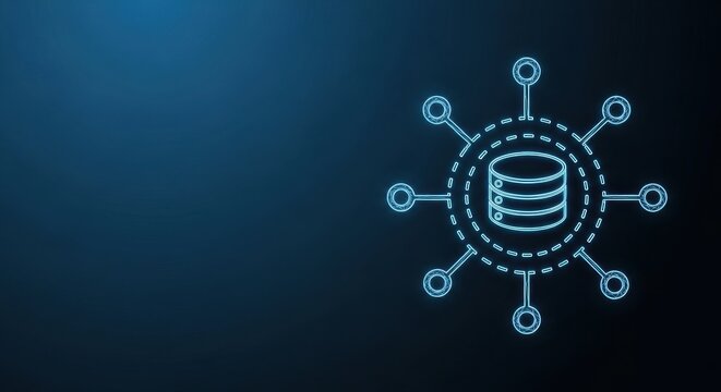 Database icon with connections in a digital network system, representing data management and technology