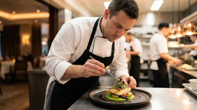 Professional Chef Plating Gourmet Dish in Restaurant Kitchen