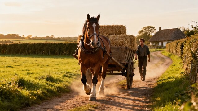Bay Draft Horse Pulling Hay-Filled Farm Cart Along Country Path with Golden Afternoon Light