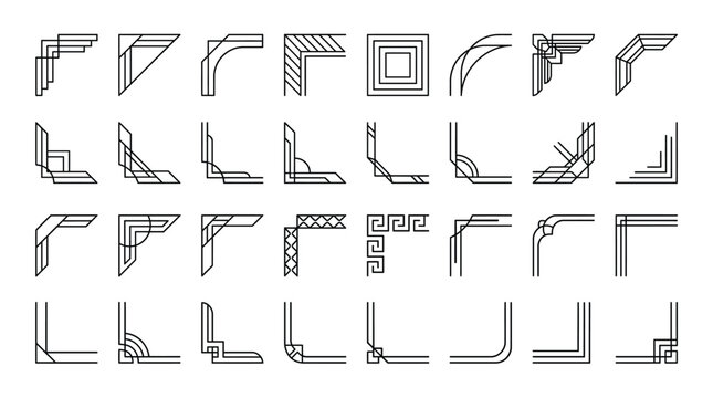 Set of vintage art deco corner frames, decorative border elements for invitations, certificates, and stationery design, vector illustration