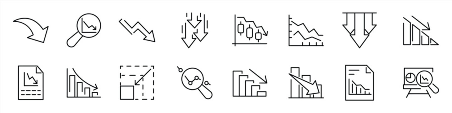 Reduction-related icon set. Linear icon collection. Adjustable line weight. Vector illustration.
