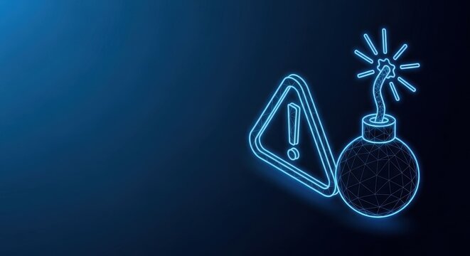 Glowing Neon Warning Sign and Exploding Bomb Icon Against a Dark Digital Background