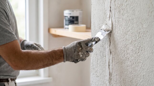 Professional handyman repairing damaged interior wall using putty paste and trowel in residential house.