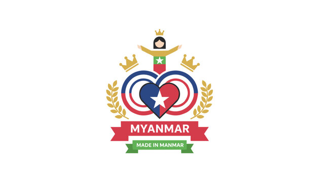 Myanmar national badge design showcasing a figure wearing traditional flag colors surrounded by a golden laurel wreath.