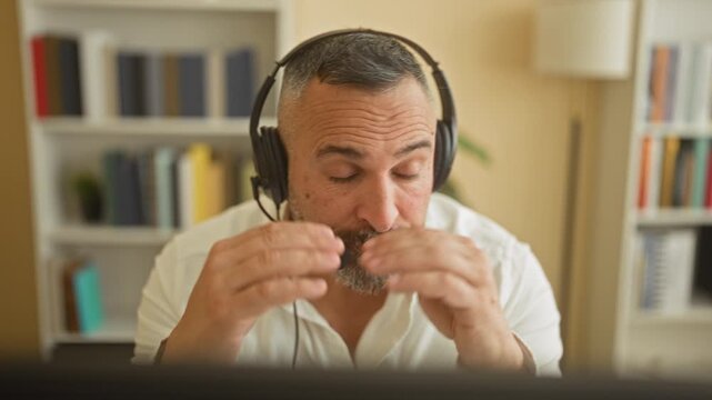 Man wearing headset presses his temples and leans toward a computer monitor in an office building; stress fatigue.