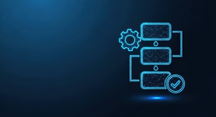 Fototapeta premium Abstract glowing neon database server architecture with gear and data flow on dark digital background
