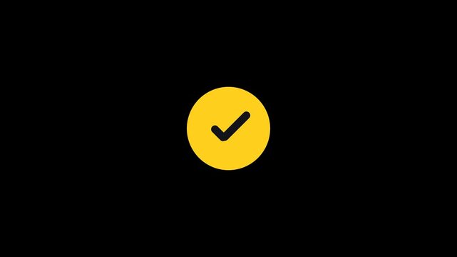 High Contrast Yellow Circular Button Flashing Blinking Black Verified Success Checkmark Symbol Animation 6 Seconds Loop on Alpha Channel 4K