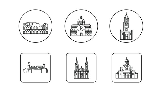 Historical buildings and landmarks of Croatia represented in minimalist black and white line art vector icons.