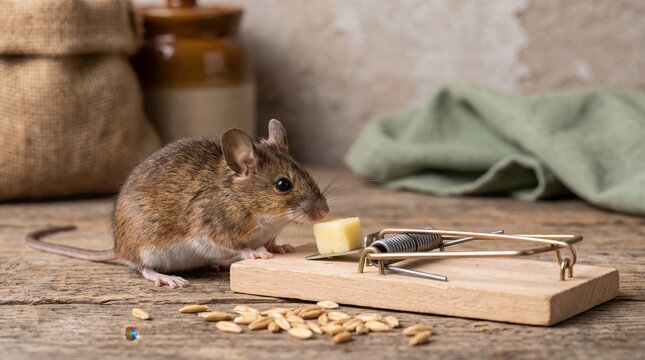 A small brown mouse sniffing a piece of cheese bait on a wooden mousetrap.
